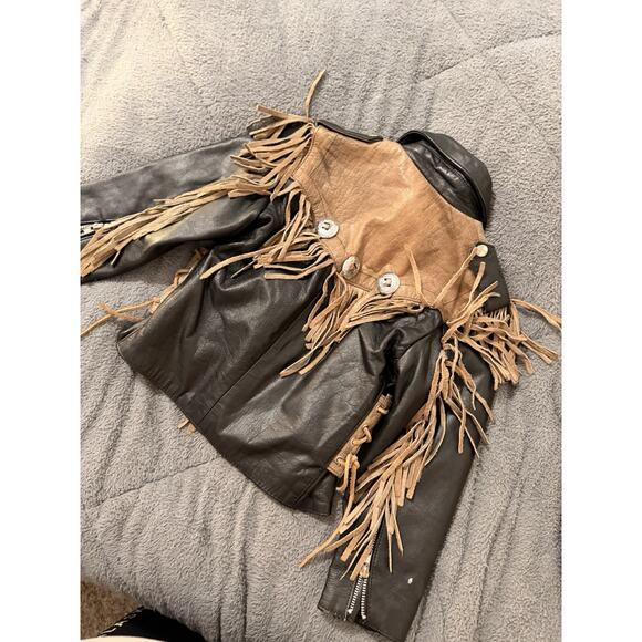 Kids Vintage Shaf Leather Jacket Biker Black Western Fringe Moto Riding Med 7/8 - Picture 2 of 6